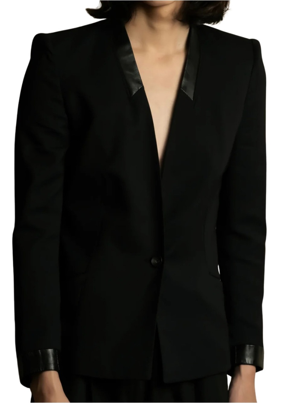 Helmut Lang Leather Trim Blazer, Size 0, Black, Curo, Silk, Lamb Leather